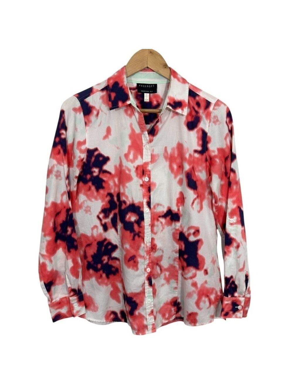 Foxcroft Modern Fit Button Up Shirt Womens 8 White Pink Long Sleeve 100% Cotton